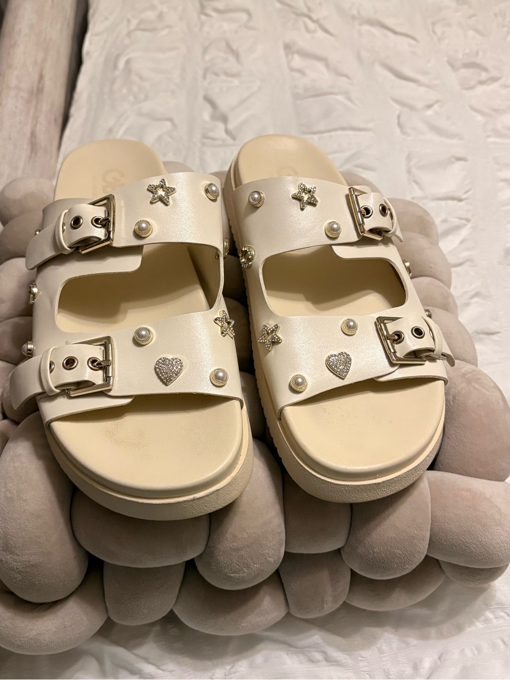 Women Cream Jeweled Double-Buckle Slide Sandals
